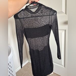 Women's Black Rhinestone Mesh Long-Sleeved Dress
